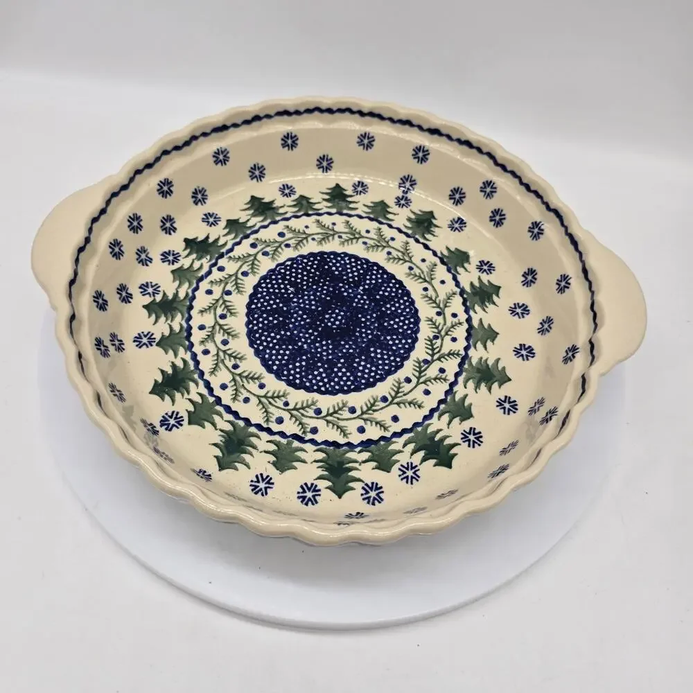 Vintage Polish Pottery Pie Plate Dish Handles Evergreen Trees Snowflakes Poland